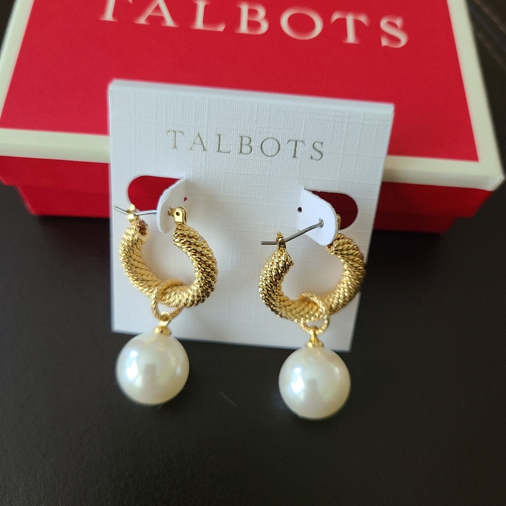Talbots Gold and Pearl Hoop Earrings